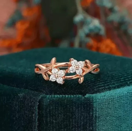 1.50 Ct Round Cut REAL Moissanite Flower Shape Women's Ring 14k Rose Gold Plated