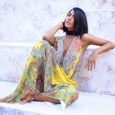 ZARA LONG DRESS PAISLEY PRINT V NECK BELTED MAXI DRESS SLEEVELESS BOHO NEW