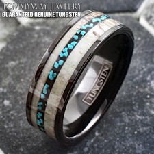 Black Tungsten Carbide Men's Ring Deer Antler & Turquoise Wedding Band