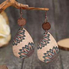 Chic Sunflower Print Wooden Dangle Boho Style Lightweight Retro Earrings