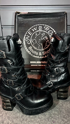 NEW ROCK Women's Gothic Black Leather 3.5 Inch Heel Boots US SIZE 8 Model 8373