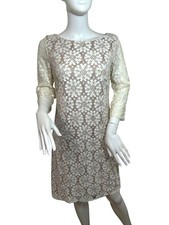 Vince Camuto Dress Lace Overlay Ivory Taupe 8 Above Knee Sheath 3/4 Sleeve Party