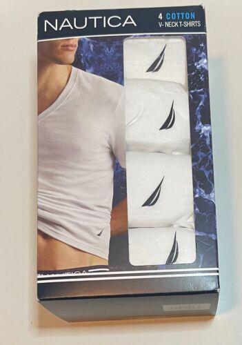 New Nautica 4-Pack Classic Fit Short-Sleeve V-Neck T-Shirts Tagless White Large