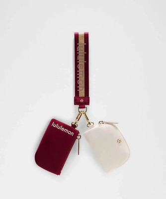 Lululemon Dual Pouch Wristlet Red White Gold Wordmark Wallet Keychain Pouch NWT