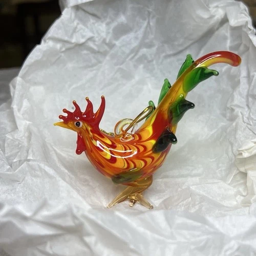 Vintage Murano Style Hand-Blown Art Glass Rooster Figurine - Red Yellow Green