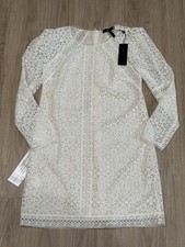 BCBG Maxazria Dress Small White Lace Off White Sheath Long Sleeve Round Neck Zip