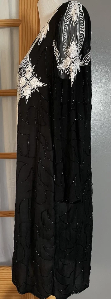 Vestido de Noche De Colección Años 70 Adornado Seda Talla 16 Negro Blanco Cuentas Cachicho Formal Foto 3 de 4