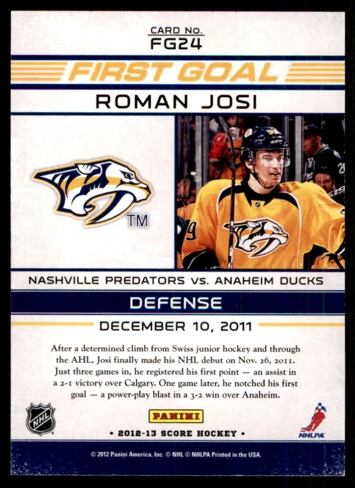 2012-13 Score First Goal Roman Josi Nashville Predators #FG24 - Image 2 of 2