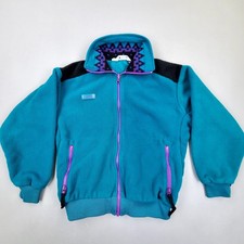 Vtg 90s Columbia Fleece Jacket Radial Purple Teal Aztec Collar Full Zip Womens S