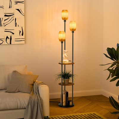 Boho Floor Lamp with Shelves, Rattan Shade, 3 Bulbs, Foot Switch, 71'' Tall