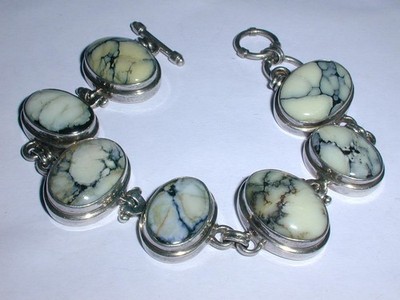 STUNNING~ SARDA STERLING LARGE DENDRITIC OPAL GEMSTONE BRACELET W/ TOGGLE- 8''!