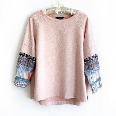 Ali Miles Top sz L Petite Pale Pink Textured Art 2Wear Mixed Fabric Sleeves