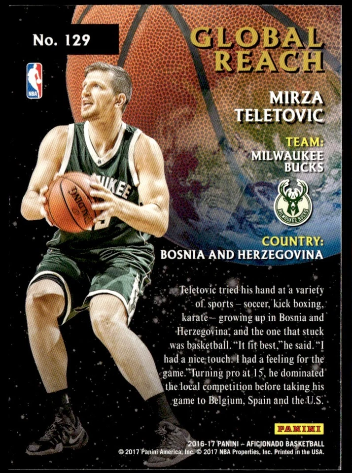 2016-17 Panini Aficionado Global Reach Mirza Teletovic Milwaukee Bucks #129 - Image 2 of 2