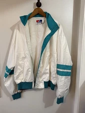 Vintage Swingster White Teal Striped Bomber Jacket Size XL Retro 80s 90s