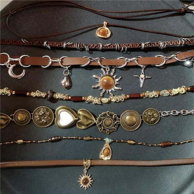 2026 Trendy Vintage Sun Brown Stone Pendant PU Leather Choker Clavicle Chain Nec