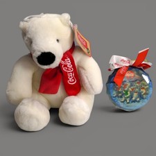 VTG 1999 Boyds Coca-Cola Polar Bear Plush Red Scarf  Holiday Tin Ornament Set