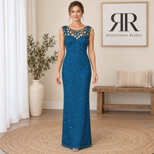 Scala Silk Beaded Gown Teal Blue Lattice Neckline Maxi Dress Small Formal Gown