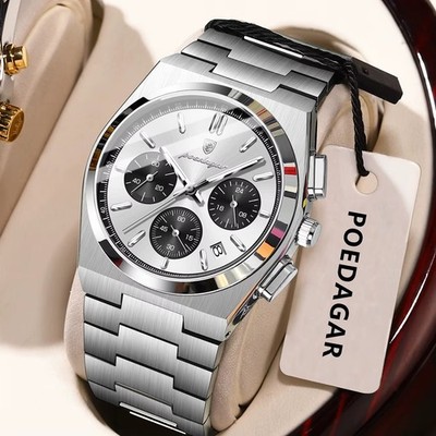 POEDAGAR Men's Quartz Watch Chronograph 30M Waterproof Stainless Luminous NEW