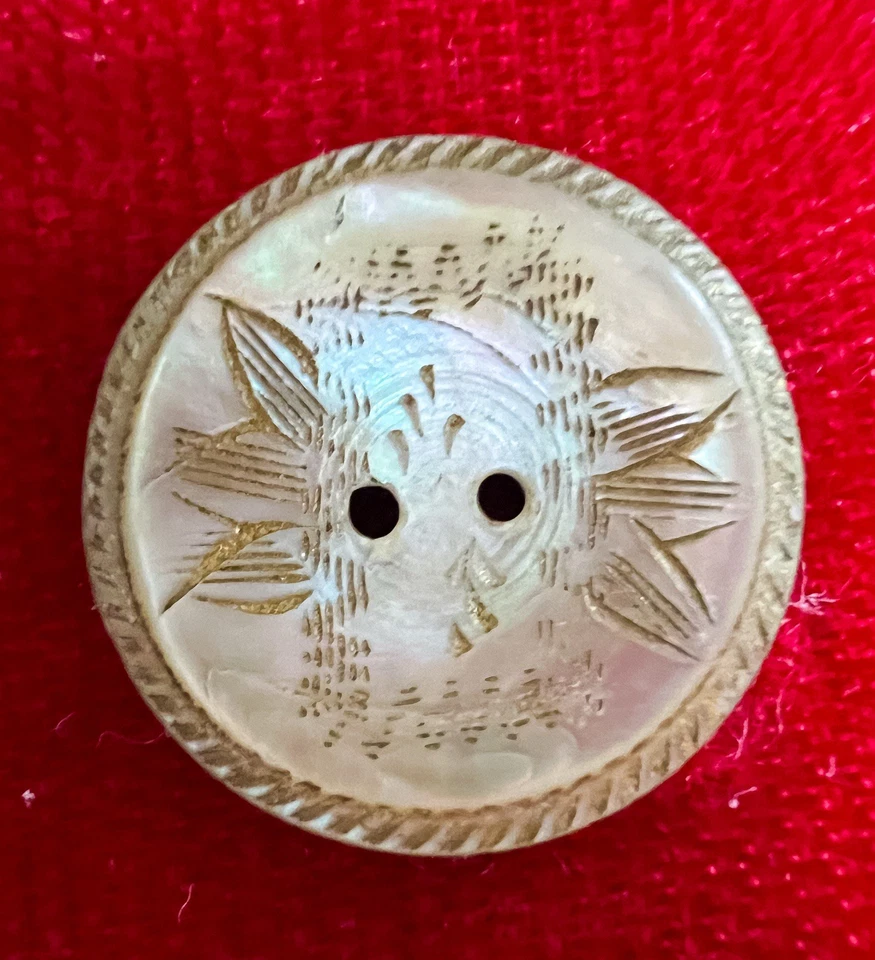 Antique Button Green Sea Snail Shell Engraved Etched Gold Luster Turbo MOP Vtg - Image 2 of 4