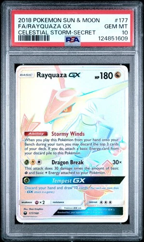 2018 POKEMON SUN & MOON CELESTIAL STORM SECRET #177 FULL ART/RAYQUAZA GX PSA 10