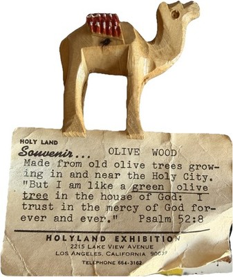 Vintage HOLY Land Expedition  vintage olive wood camel figurine And card