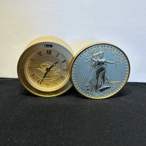 Vintage Bulova Desk Alarm Clock Quartz Stack of Gold Liberty Coins Battery *see