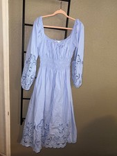ASTR The Label Blue Embroidered Eyelet Midi Dress Large Puff Sleeve Cotton