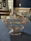 Vintage Depression Glass Pink Open Lace Edge Pedestal Candy Box Dish with Lid