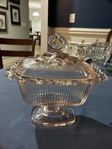 Vintage Depression Glass Pink Open Lace Edge Pedestal Candy Box Dish with Lid