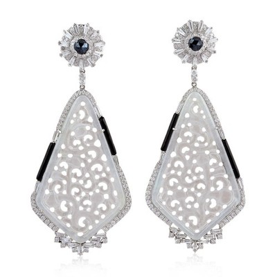 Solid 18k White Gold Diamond Onyx Spinel Gemstone Dangle Earrings Jewelry