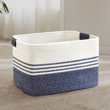 72L Large Woven Rope Laundry Basket Leather Handles Denim Blue 22x17x12 Inch