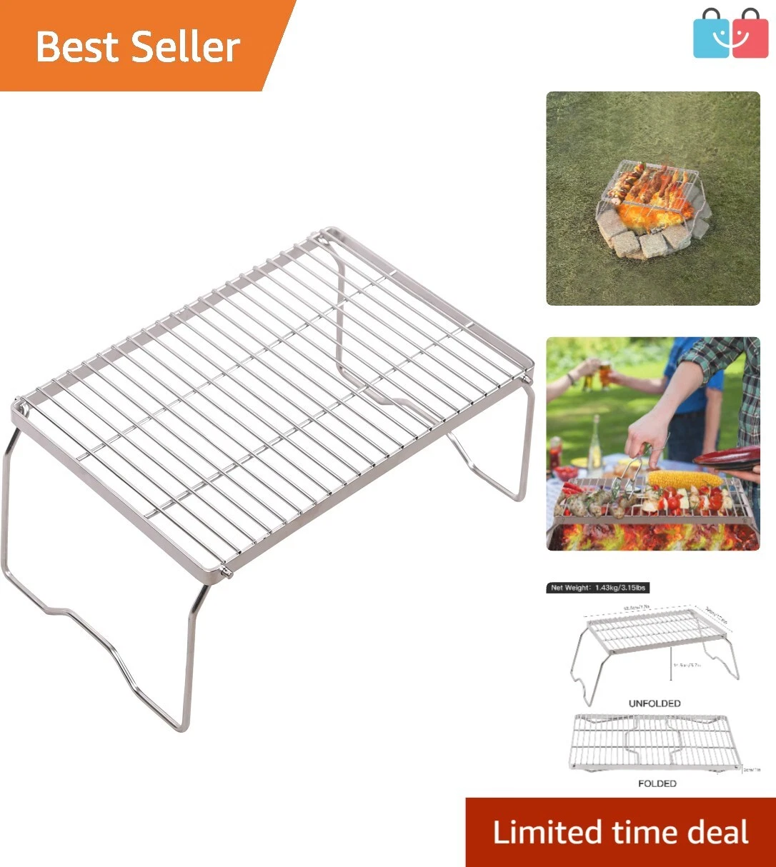 17" Large Folding Camping Grill - Lightweight Stainless Steel for Easy Travel
