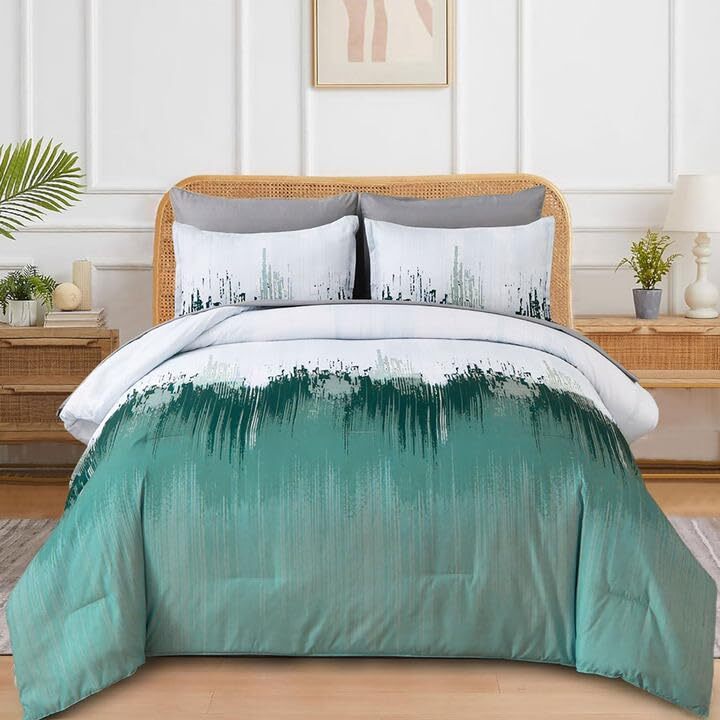 Comforter Set,7 Pieces Bed in a Bag Colorful Abstract Art Gradient Queen Aqua-image