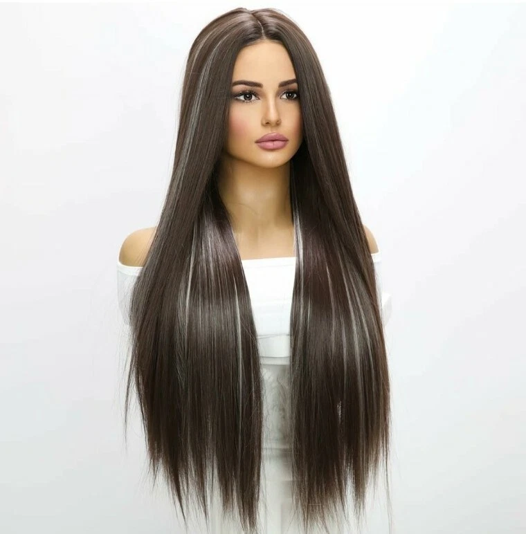 Peluca frontal de encaje HD marrón oscuro balayage capas largas mezcla de cabello humano ondas ombre Foto 2 de 4