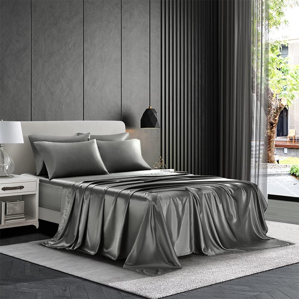 6 Piece Satin Bedding Sheet Set Queen Grey Deep Pocket 1800 Series Luxury Rich S