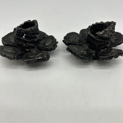 VTG Brutalist Metal Set Of 2 Candlestick Holders Made In US Flower Wrought IRON - Picture 5 of 15