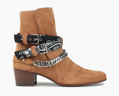AMIRI CHAIN EMBELLISHED BANDANA CAMEL SUEDE BUCKLED ANKLE BOOTS Sz 