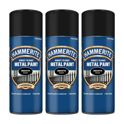 3 x Hammerite schwarz direkt auf Rost glatt Aerosol schnelltrocknend 400ml Metallfarbe