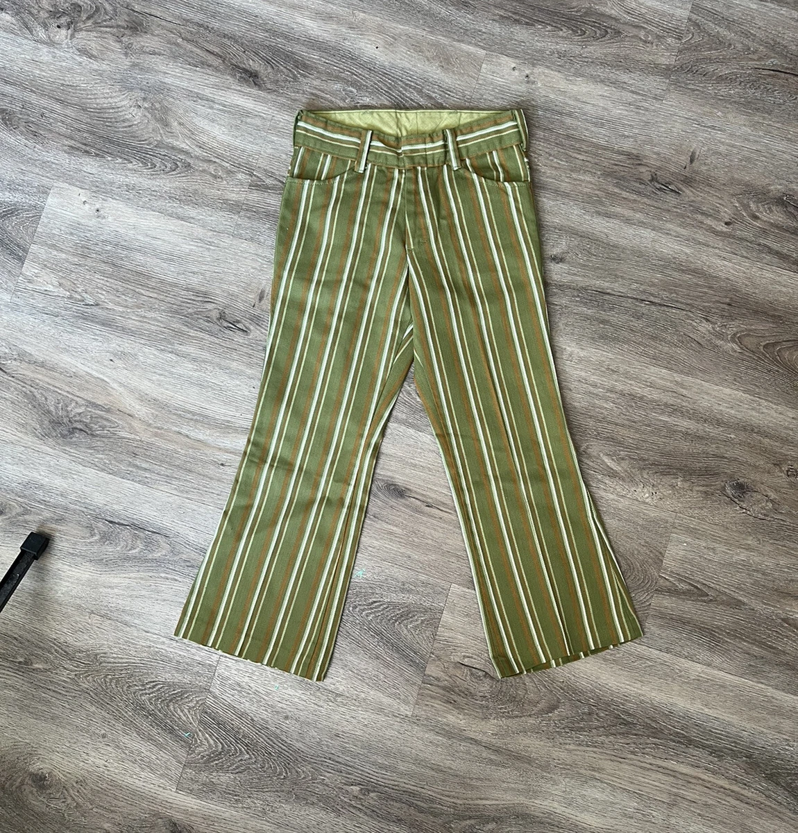 vintage kids 70s bell bottom striped pants Olive Green Brown
