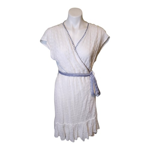 Johnny Was Jade Women's Eyelet Leafar Wrap Dress White Blue Accents Size Large