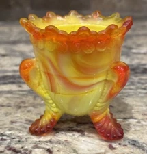 DEGENHART YELLOW N RED SLAG GLASS FORGET ME NOT FOOTED TOOTHPICK HOLDER 2 1/2”T