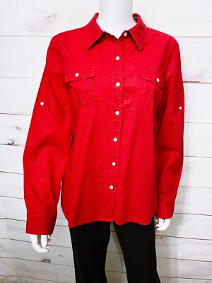 Tommy Hilfiger Womens Shirt Size XL Red & Black Polka Dot Long Sleeve Top