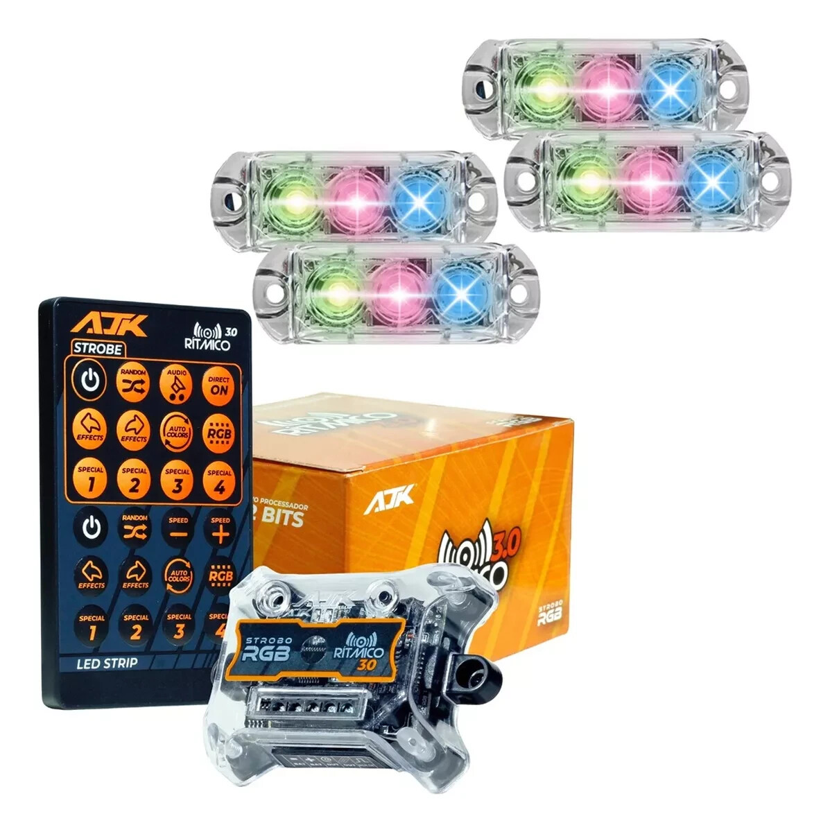 Strobo Automotivo Carro Rgb Com Controle Ajk 4 Faróis Rgb