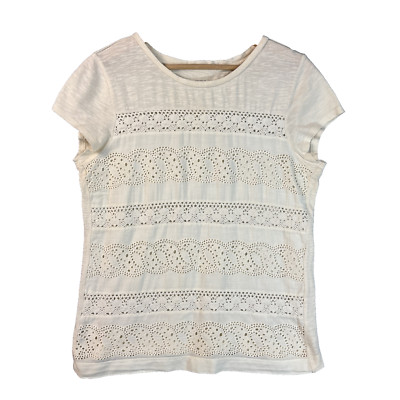 Loft Top M Cream Cap Sleeve Cotton Lace Crochet Cottage Romantic Sheer T-Shirt