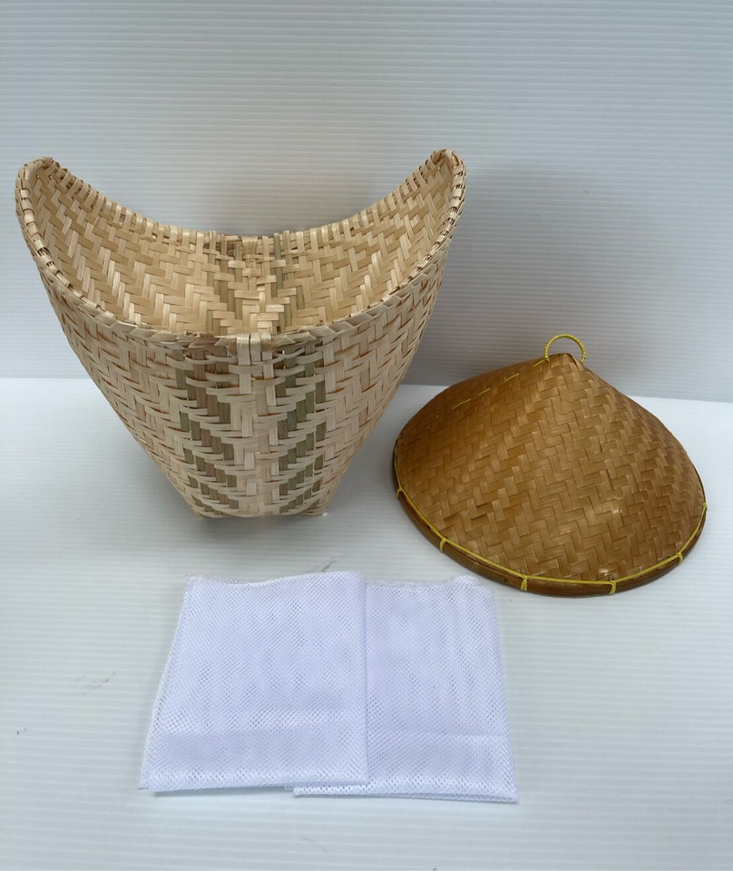 Thai Handicraft Sticky Rice Set Bamboo Basket /Lid /Pot Steamer Thin ...