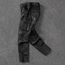 Men's Real Cow Leather Bikers Pants Cargo Pockets Pleated Panels Bikers Pants