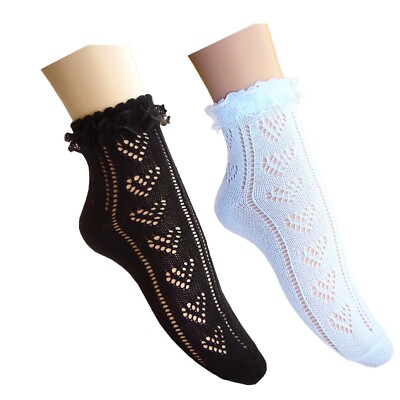 2 pairs=black+white size M crochet anklets lace socks for girls womens ladies