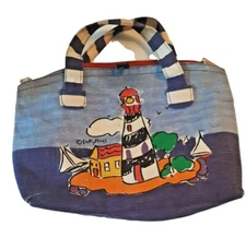 Sun N Sand Lighthouse Tote Bag Satchel Purse Sally Huss Cotton Blue