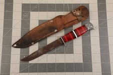 Vtg 1940s Hoyt Buck Hand Made Red Lucite Handle No. 105 Hunting Knife & Sheath