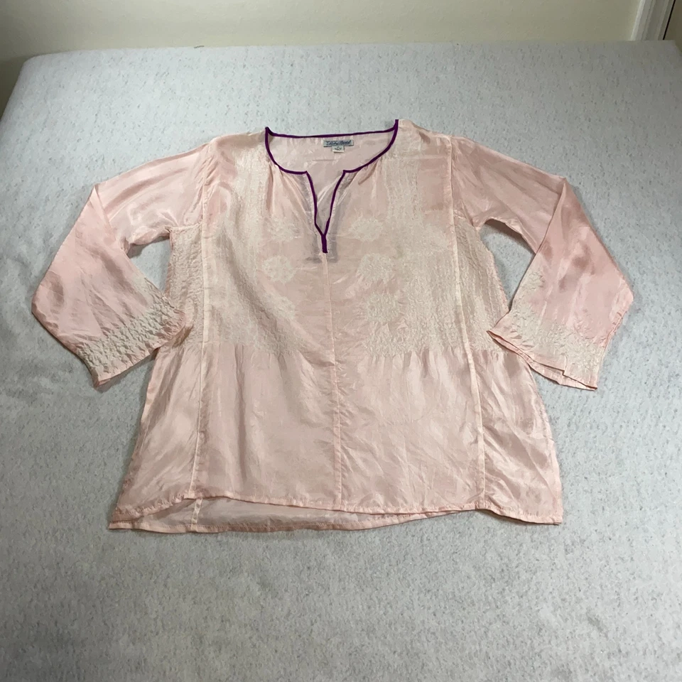 Blusa Top Mujer Lucky Brand 100% Seda Talla M Rosa Cuello en V Manga 3/4 Foto 2 de 4